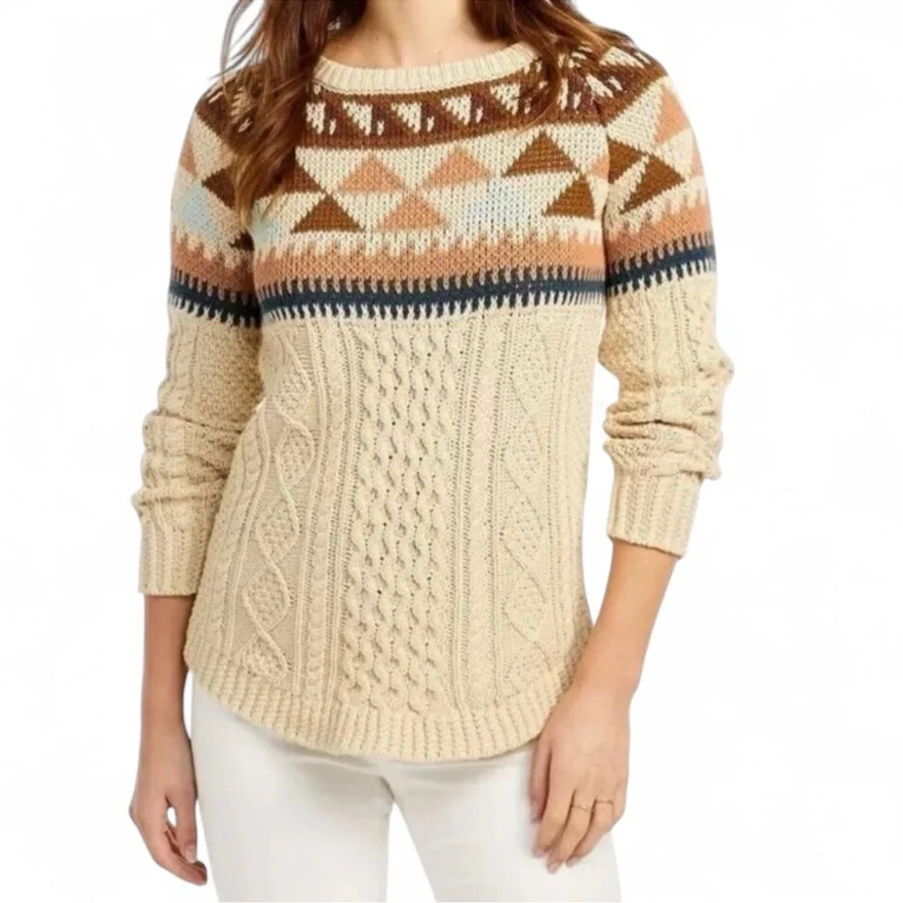L.L.Bean Signature Cotton Fisherman Tunic Sweater Fair Isle Cable-knit Woman SM - Picture 9 of 9